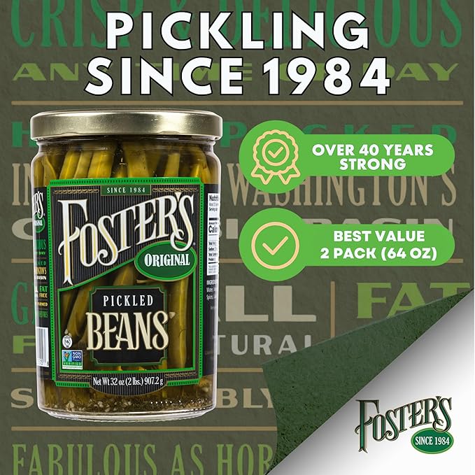 Foster's Pickled Green Beans in a Jar, Original, 32oz, 2 Pack, Traditional Pickled Vegetables