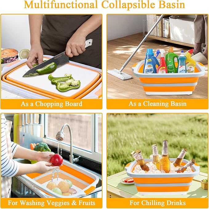 Collapsible BBQ Prep Tubs with Lids, Grill Cutting Board, Camping Sink with Drainage Hole for Meal