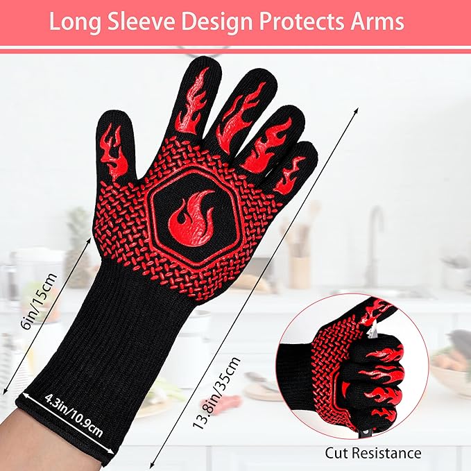 BBQ Fireproof Gloves, Grill Cut-Resistant Gloves 1472°F Heat Resistant Gloves, Non-Slip Silicone