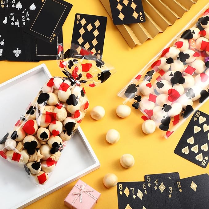 100 Pieces Casino Party Cellophane Treat Bags, Black Red Las Vegas Poker Plastic Candy Goodie Bags
