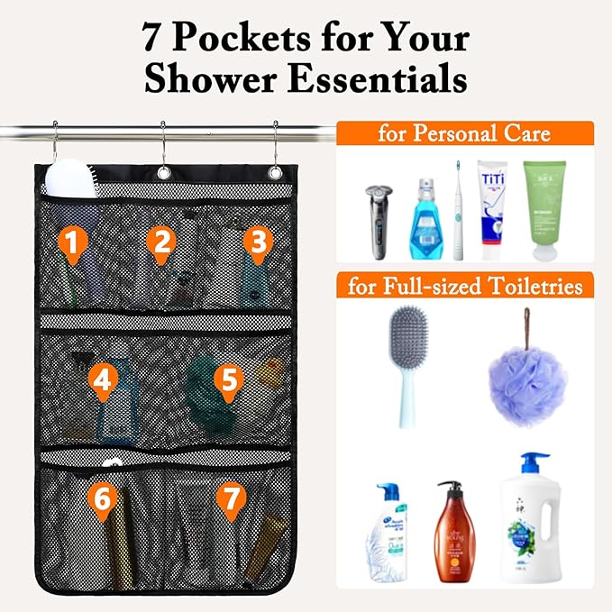 Mesh Shower Caddy Hanging, Quick-Drying Shower Organizer with 7 Pockets, Portable Bathroom