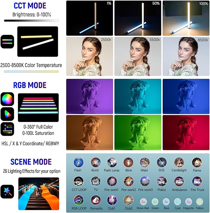 VILTROX K60 2 Pack Large Handheld Stick Light, 32Wh Rechargeable Battery 20W 1950lm RGB LED Video