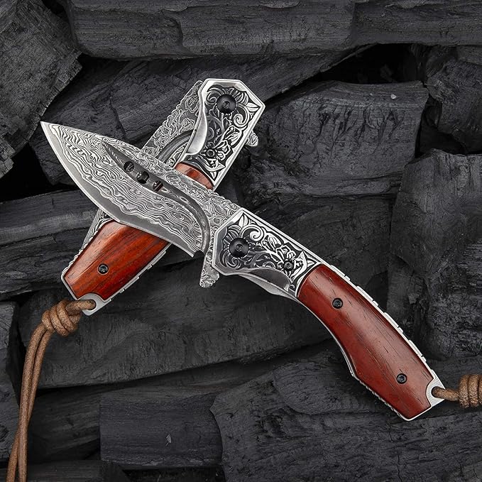 hand made damascus steel pocket knife, 3.1 inch outdoor folding knife, camping rosewood handle with