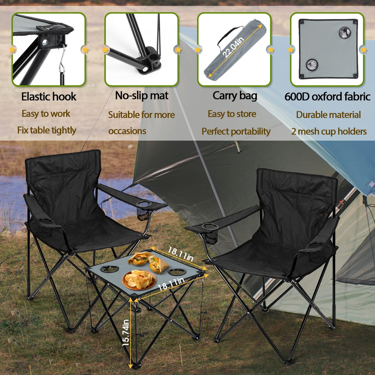 HaSteeL Folding Camping Chair Set of 3, Foldable Black Camp Chairs & Grey Table, Large Lawn Chair
