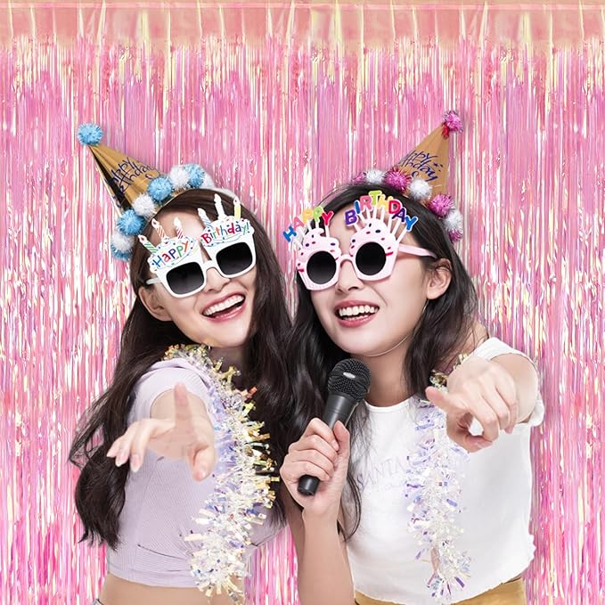 BRAVESHINE Clear Pink Streamers Party Decorations Iridescent Foil Fringe Backdrop - 2 Pack 3.2 x
