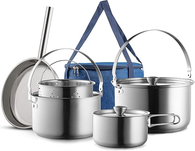 Camping Cookware Set 304 Stainless Steel 8-Piece Pots & Pans Open Fire Cooking Kit | Frying Pan