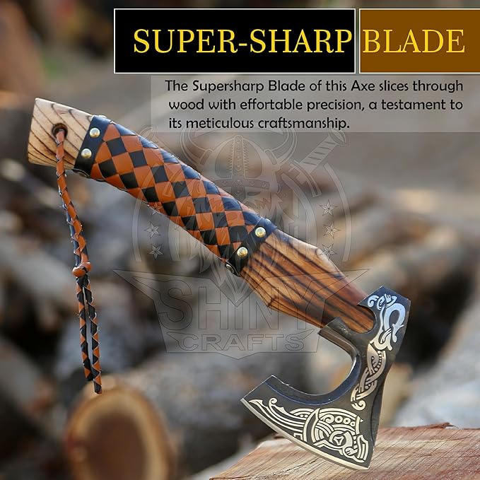 SHINY CRAFTS®- Handmade Viking Axe – Unique Gift for Him Engraved Carbon Steel Hatchet with Leather