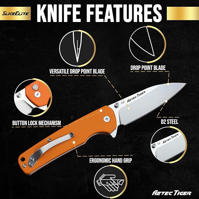 SliceElite 3.6-Inch Aztec Tiger Folding Knife | Pocket Knife with Orange G10 Composite Handle, D2