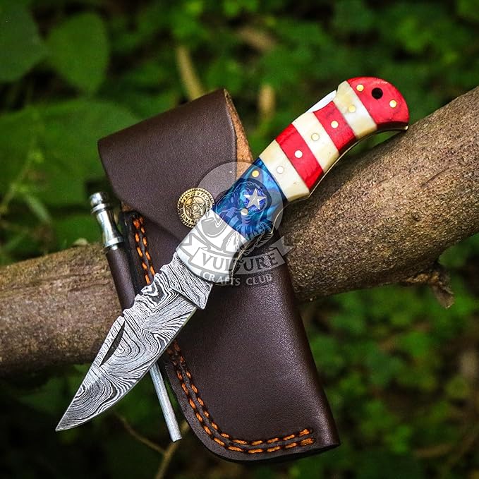 Damascus Steel Pocket Knife with Clip and Leather Sheath - EDC Knife for Outdoor and Camping
