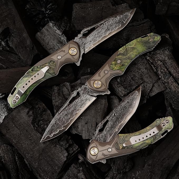 VG10 Damascus Steel Folding Knife, Stable Wood with Leather cover and pocket clip, Outdoor Survival