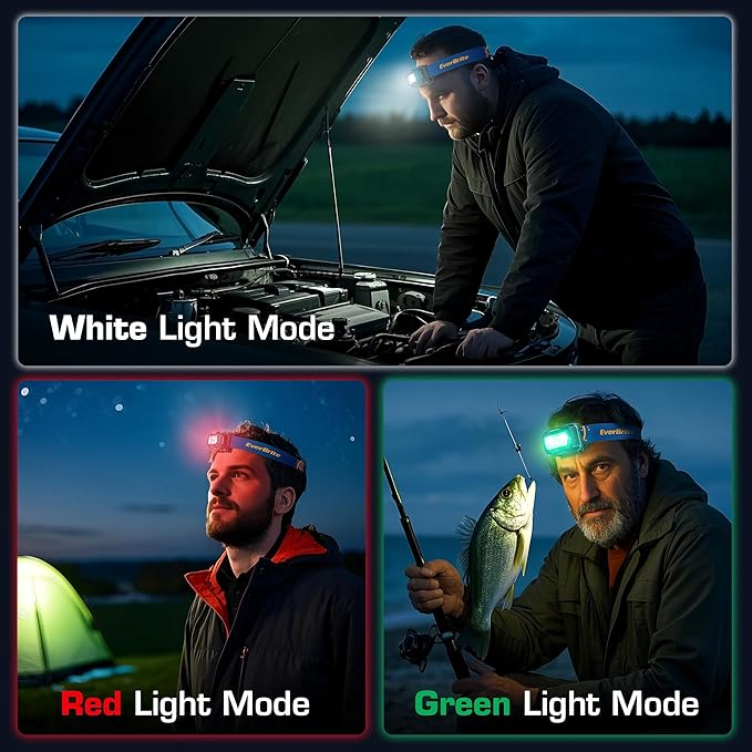 EverBrite Rechargeable Headlamp, 2 Pack Kids Headlamp with White/Red/Green Light and Memory