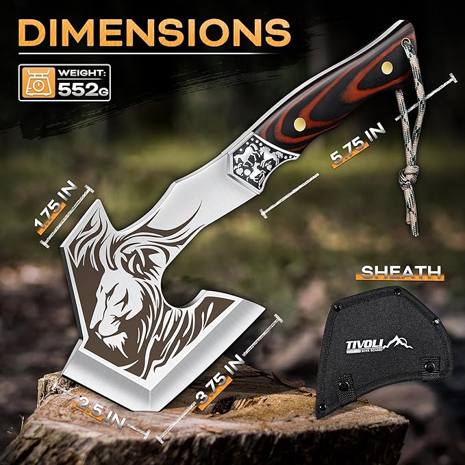 TIVOLI Camping Axe, Lion - Patterned Survival Hatchet with Nylon Sheath, High Carbon Steel Blade