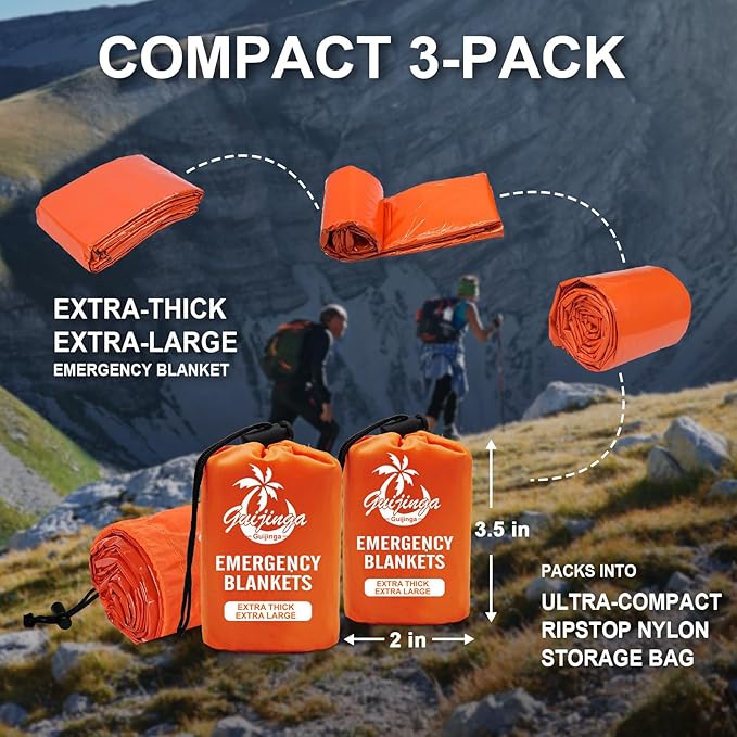 3-Pack Emergency Blanket, Extra-Thick Extra-Large Survival Blanket, Thermal Reflective Emergency