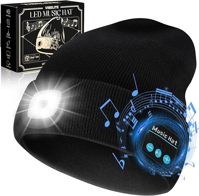 VIBELITE Bluetooth Beanie Hat with Light, USB Rechargeable LED Headlamp with Wireless Headphones