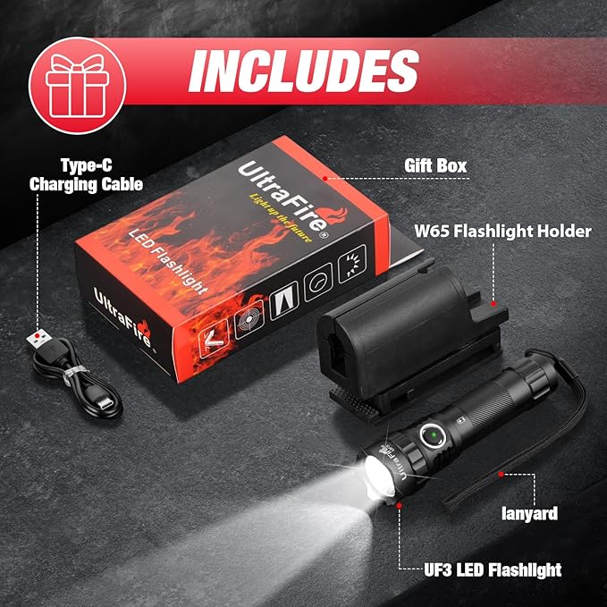 ULTRAFIRE Police Flashlight with Holster, 1200 High Lumen Law Enforcement Flashlight with Holster