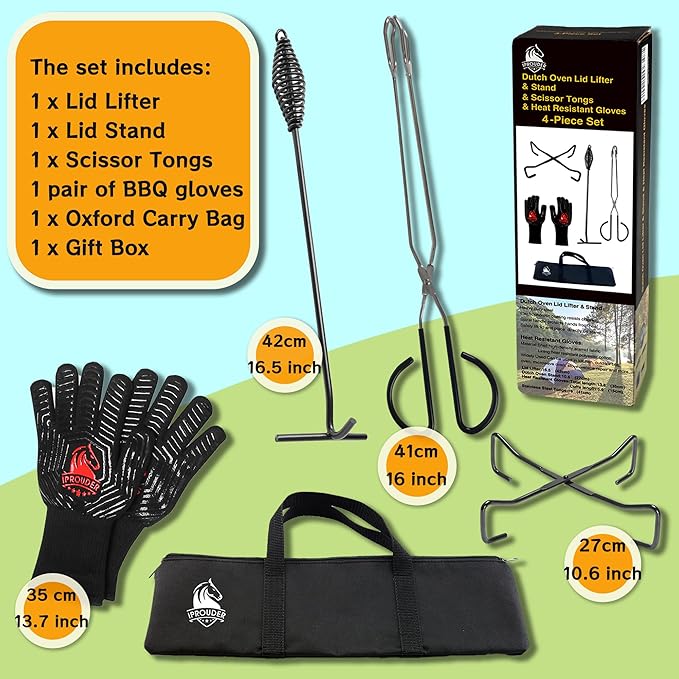 5-in-1 Dutch Oven Camping Accessories Kit - Campfire Cooking Equipment with Heat-Resistant Gloves