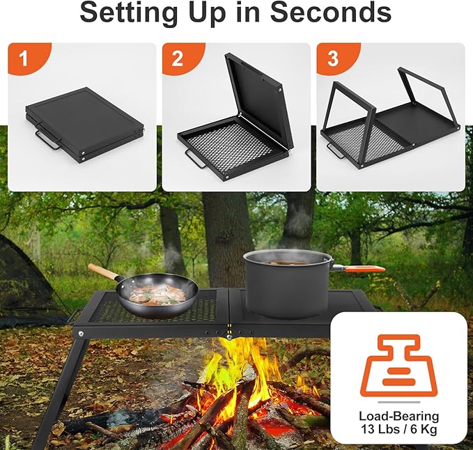 Odoland Folding Campfire Grill, Heavy Duty Steel Mesh Grate with Folding Legs and Storage Bag