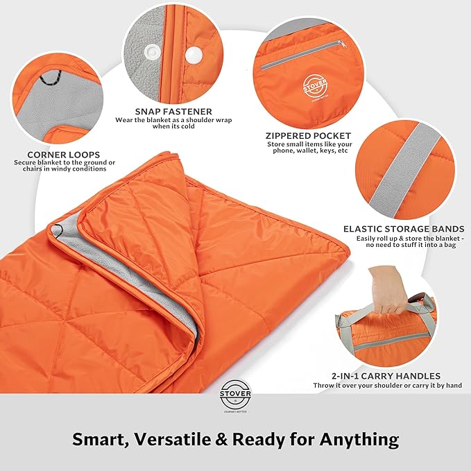 STOVER Waterproof Stadium Blanket – Portable Outdoor Camping Blanket for Travel, Picnics, or Sports