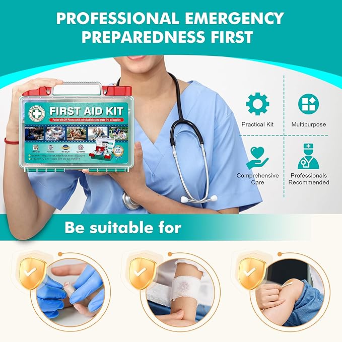 General Medi 295 Pieces Professional First Aid Kit - HardCase First Aid Box - Contains Premium