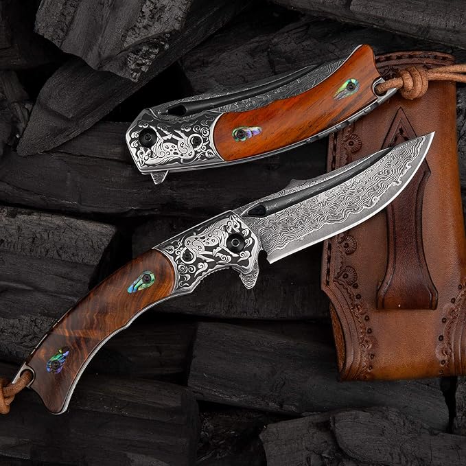 Handmade Japanese VG10 Damascus Steel Folding Knife,Rosewood Liner Lock Handle, Leather Sheath,EDC