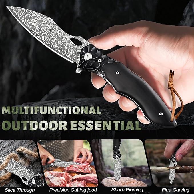 Pocket Knife for Men, Hunting knife with sheath, Damascus Steel Folding knife with Ebony Wood