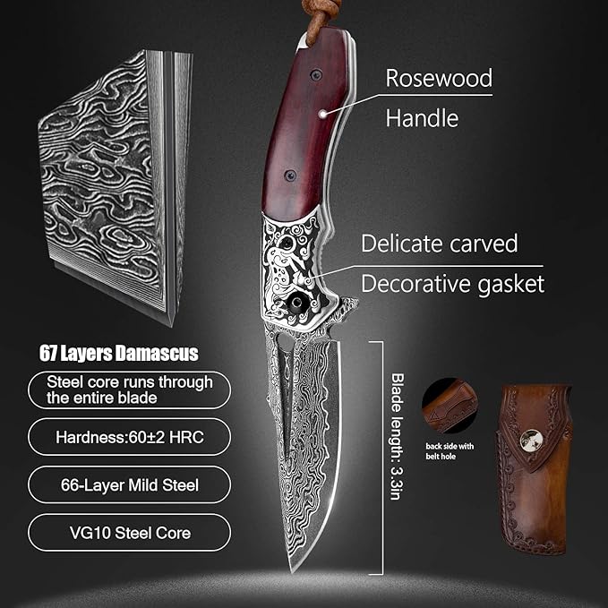 Handmade japanese vg10 damascus steel pocket knife,rosewood handle,sheath,liner lock,folding knives