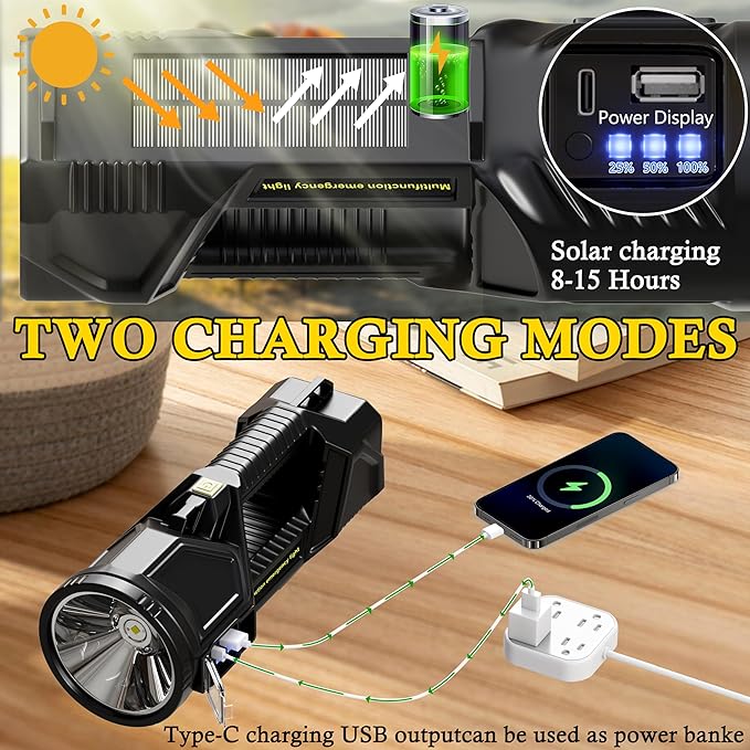 Solar Handheld Flashlight Rechargeable Multi Function High Bright 17000 Lumen 6 Modes LED