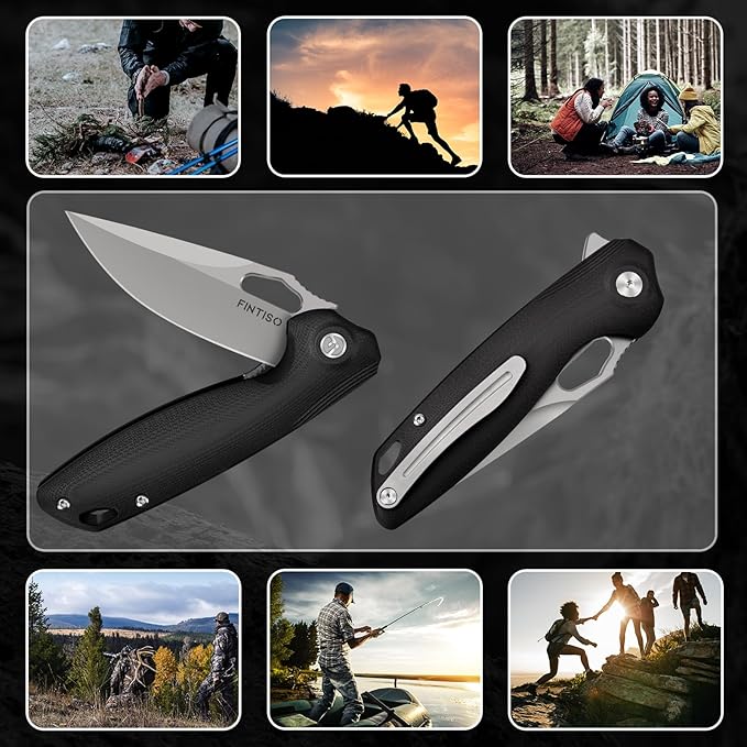 FINTISO Pocket Knife 3.38" Folding Knife Premium 14C28N Blade G10 Handle, Camping Survival Hiking