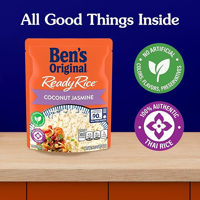 BEN'S ORIGINAL Ready Rice Coconut Jasmine Flavored Rice, Easy Dinner Side, 8.5 oz Pouch (Pack of 12)