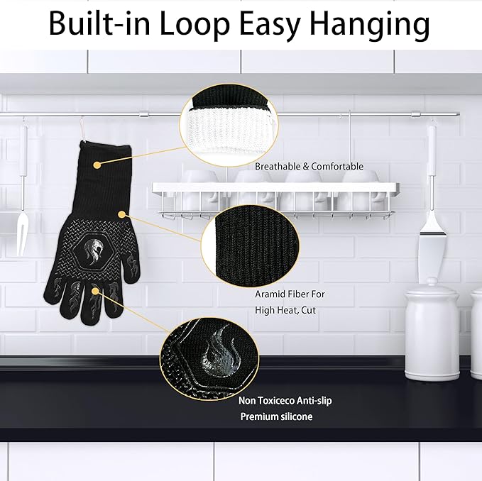 BBQ Fireproof Gloves, Grill Cut-Resistant Gloves 1472°F Heat Resistant Gloves, Non-Slip Silicone