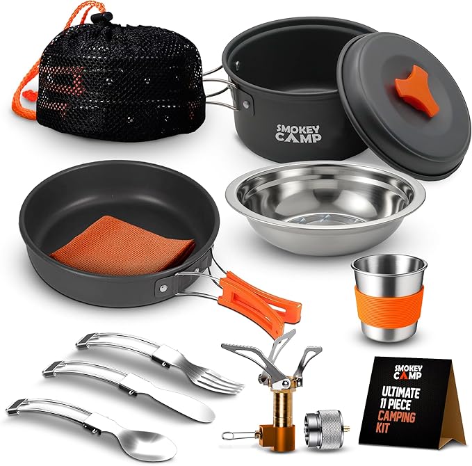 Camping Cookware Mess Kit Set with Stove - Backpacking Camping Pots and Pans Set, All in One