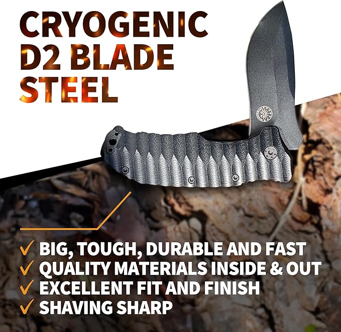 Off-Grid Knives - Rapid Fire Blackout - Large Folding Knife for Camping & EDC, Cryogenic D2 Blade
