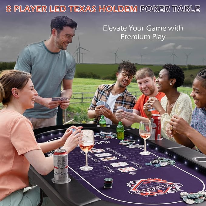 71" LED Poker Table - 8 Player Foldable Texas Hold'em Table with Built-in LED Lights, Padded Rails