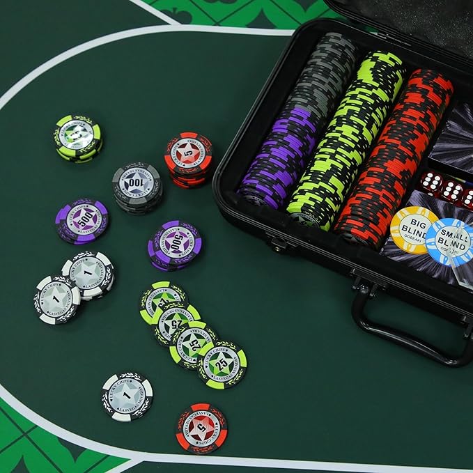ORIENGEAR Poker Chip Set with Denominations, 300 PCS 14 Gram Clay Composite Casino Chips with ABS