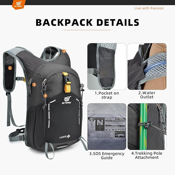 SKYSPER Small Hiking Backpack - 15L Travel Daypack Lightweight Bag Water Resistant Hiking Backpacks