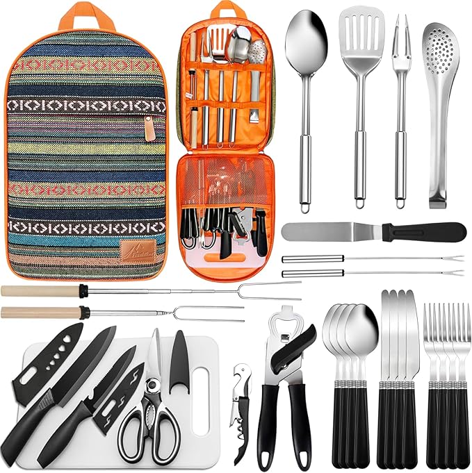 Portable Camping Kitchen Utensil Set-27 Piece Cookware Kit, Stainless Steel Outdoor Cooking and