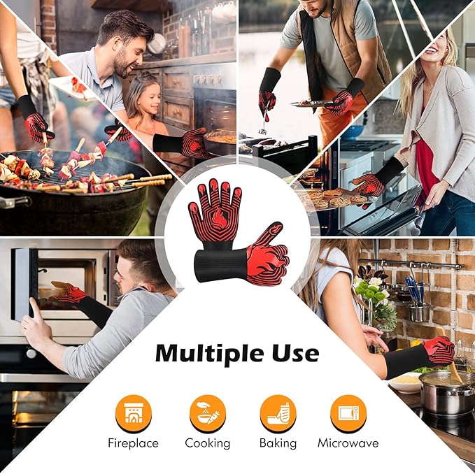 BBQ Gloves, 1472°F Heat Resistant Gloves Fireproof Mitts，Grilling Gloves Silicone Non-Slip Washable