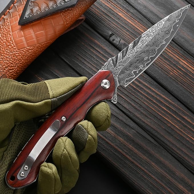 Sitivien ST242 Damascus Steel Folding Knife,Flipper Liner Lock Knife with Damascus VG10 Core
