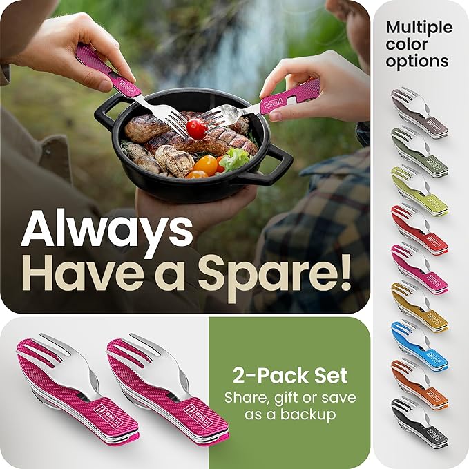 Orblue 4-in-1 Camping Eating Utensils, 2-Pack - Portable Spoon, Fork, Knife & Bottle Opener Combo
