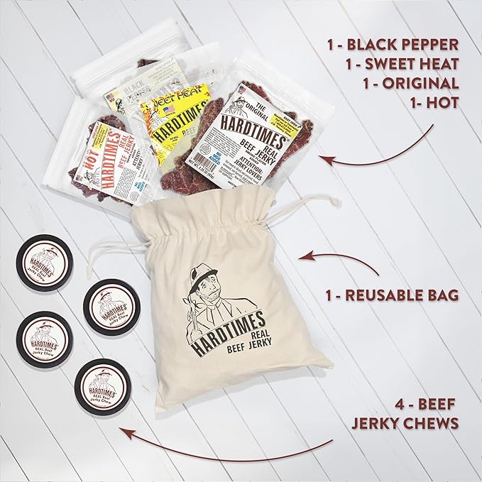 Hardtimes Beef Jerky - Variety, Specialty Gift Bag - Great Gift for Father's Day, Holiday, &