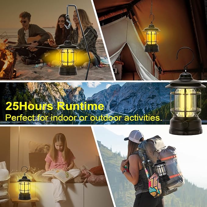 LED Camping Lanterns Rechargeable Portable, Vintage Style Tabletop Lantern, Stepless Dimming
