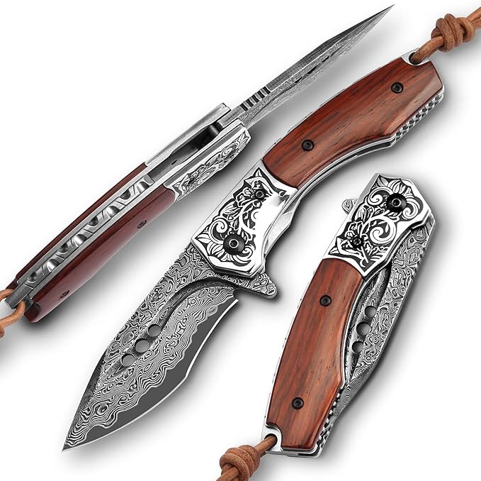 hand made damascus steel pocket knife, 3.1 inch outdoor folding knife, camping rosewood handle with