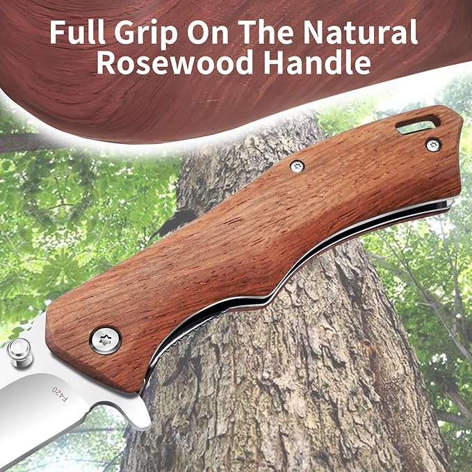 Vickay Pocket Knife for Men, 3.4" 8Cr13MoV Steel Blade, Wood Handle EDC Folding Knife with Liner