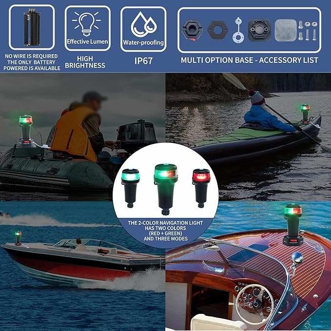 Kayak Battery Portable Navigation LED Lights Multi- Adaptors 3AA Battery Inflatable Boat Surface