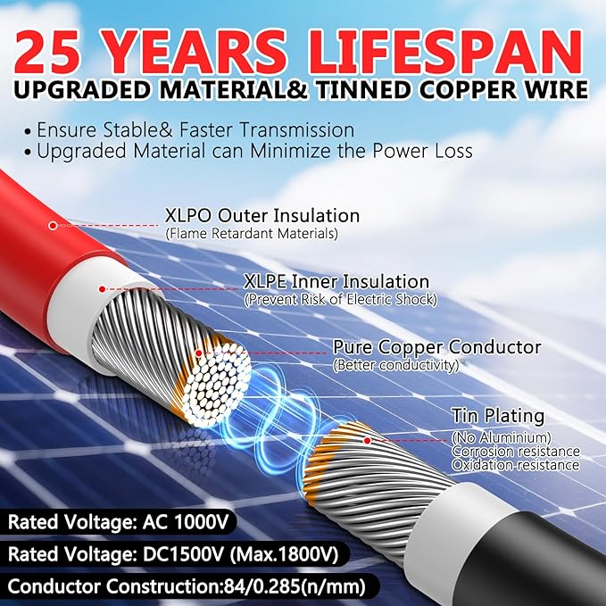 2x100 Feet Solar Panel Extension Cable, 12AWG Solar Panel Cable Solar Wire with Female and Male