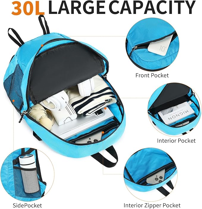 Large Hiking Daypack,30L Waterproof Hiking Backpack Packable Lightweight Travel Day Pack for Women