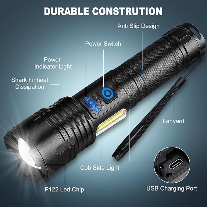 Cinlinso Rechargeable LED Flashlights High Lumens 2 Pack, 90000 Lumen Super Bright Flashlight, 7