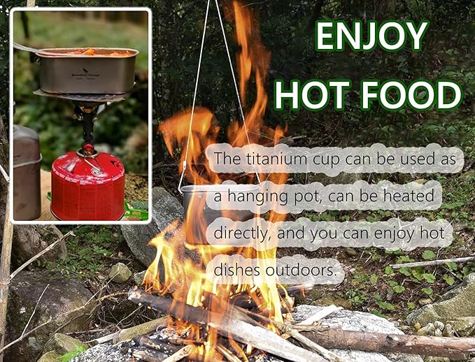 iBasingo Titanium Canteen Mess Kit with Folding Handle Hanging Ring Ultralight Portable for Lunch