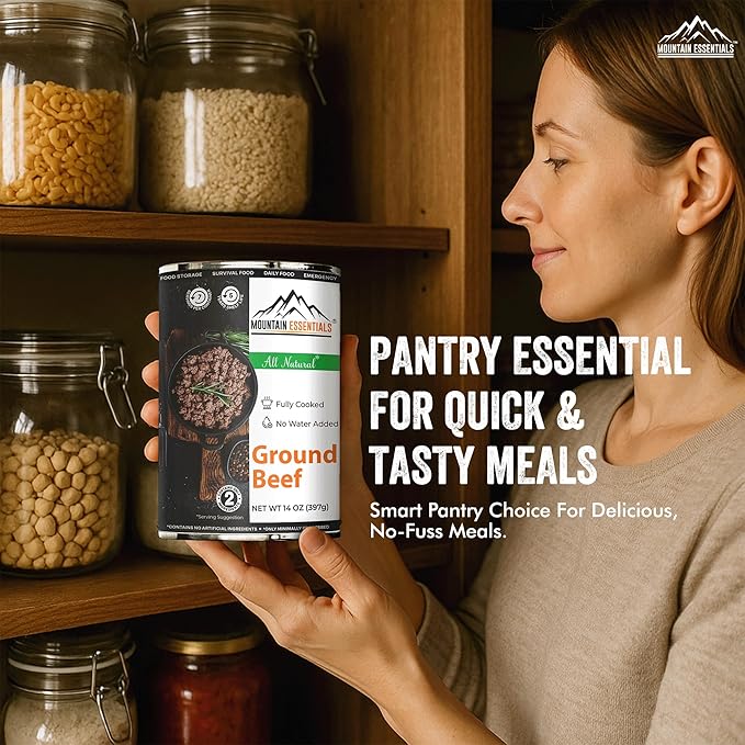 MOUNTAIN ESSENTIALS Ground Beef 14 Oz Fully Cooked Ready to Eat Hamburger Meat Emergency Survival