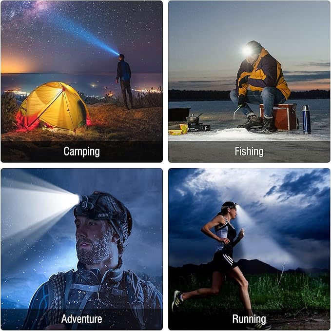 BORUIT RJ-3000 Rechargeabe LED Headlamp Super Bright with Red Light, 3 Modes Super Bright USB Head